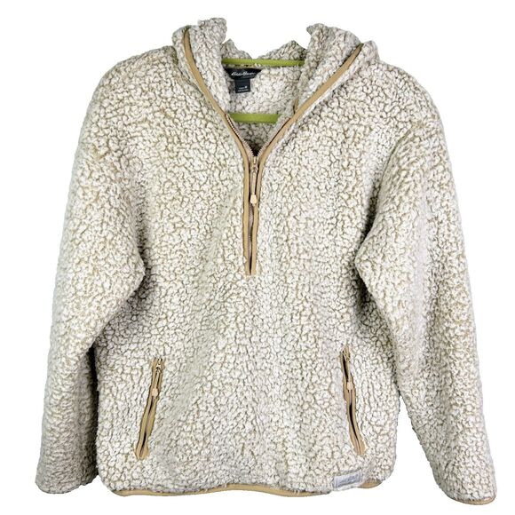 Eddie Bauer Tops - Eddie Bauer Quarter Zip Blue Sherpa Fleece Pullover Hoodie Sweatshirt Beige M